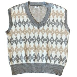 Argyle Sweater Vest Preppy Oversized V-Neck Soft Cream/Gray/Tan Layering Small